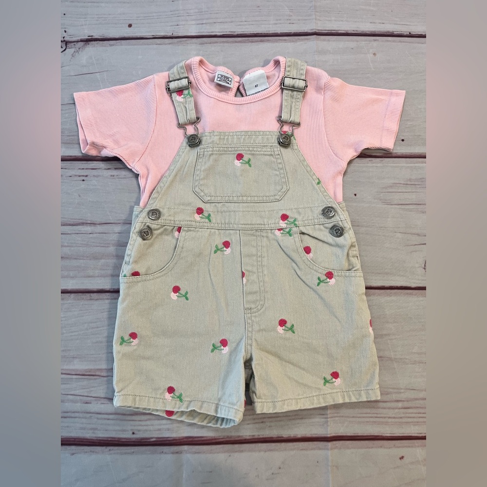 Vintage Arizona Jean Company Cherry Overalls and Pink Ribbed T-shirt 2 Piece